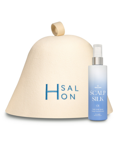 H Salon Scalp Silk bottle next to its signature beige Sauna Hat on a white background.