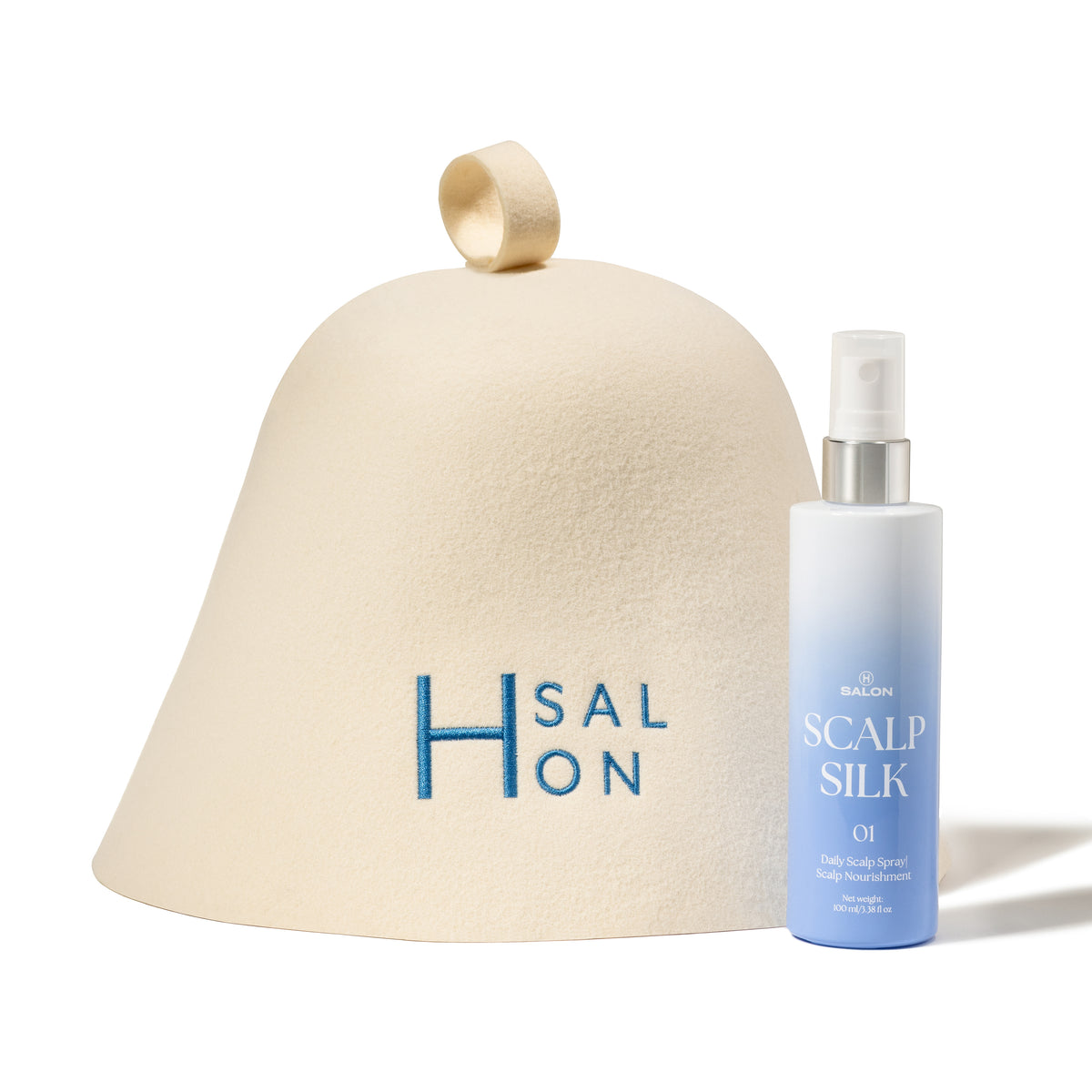 H Salon 100% merino wool sauna hat and Scalp Silk® leave-in scalp mist for a considered sauna and scalp-care ritual.