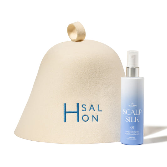 H Salon 100% merino wool sauna hat and Scalp Silk® leave-in scalp mist for a considered sauna and scalp-care ritual.